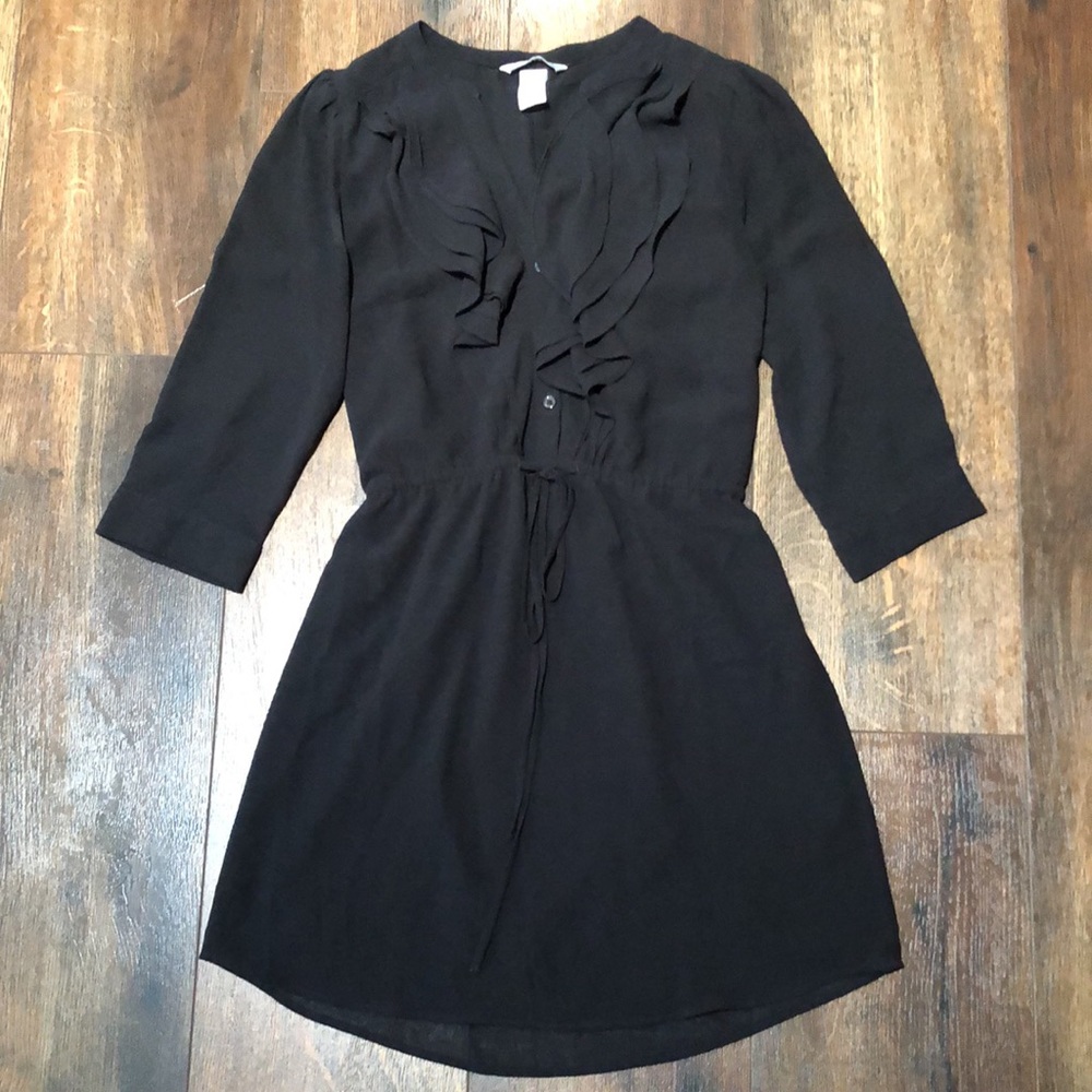H&M Black 3/4-Length Sleeve Chiffon Mini Dress
